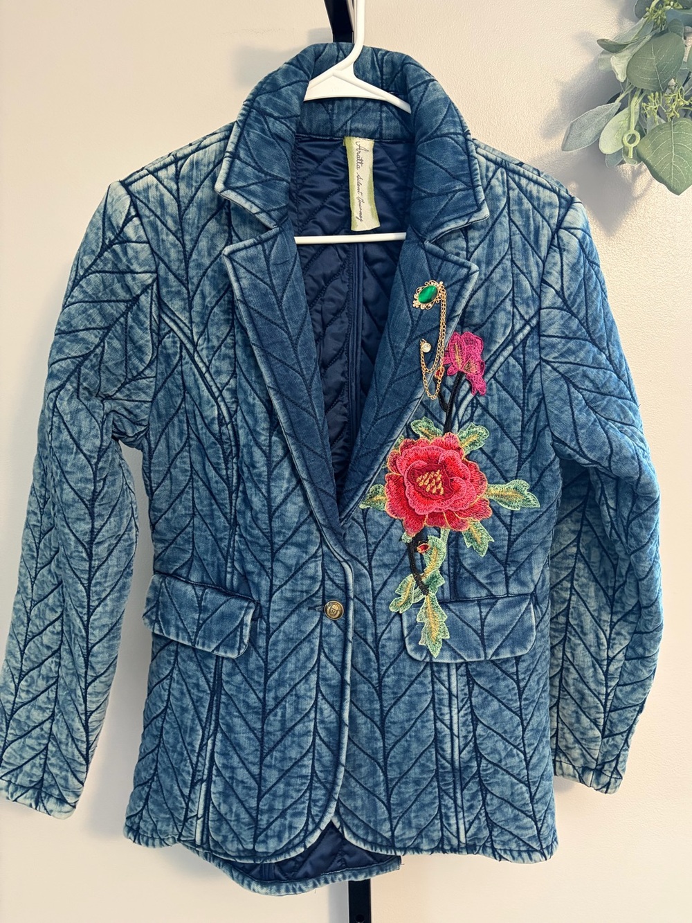 NWOT Aratta Silent Journey- Embroidered Quilted Blue Mineral Wash Blazer - Picture 11 of 16